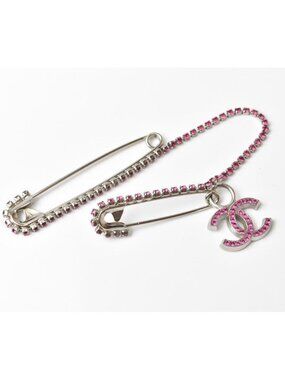 Chanel Brooch Pin Rhinestone Silver Magenta